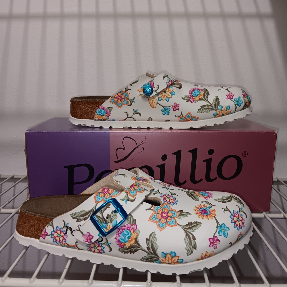 Papillio Women's Floral Clogs - White and Blue